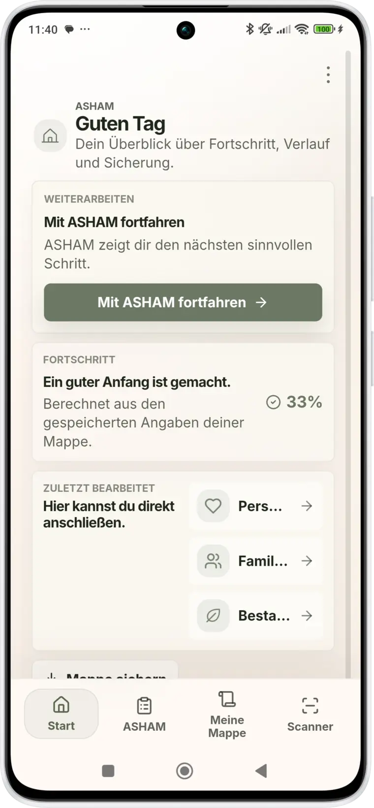 Startansicht der ASHAM-App